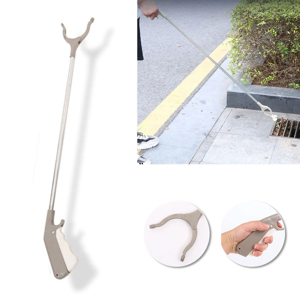 Stainless steel lengthened-handle garbage picker pliers with a push-type handle.