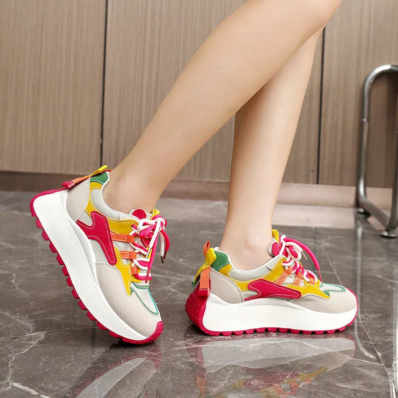 Women's low top dad shoes with synthetic leather upper, rubber sole, round toe, front lace-up, in green or red