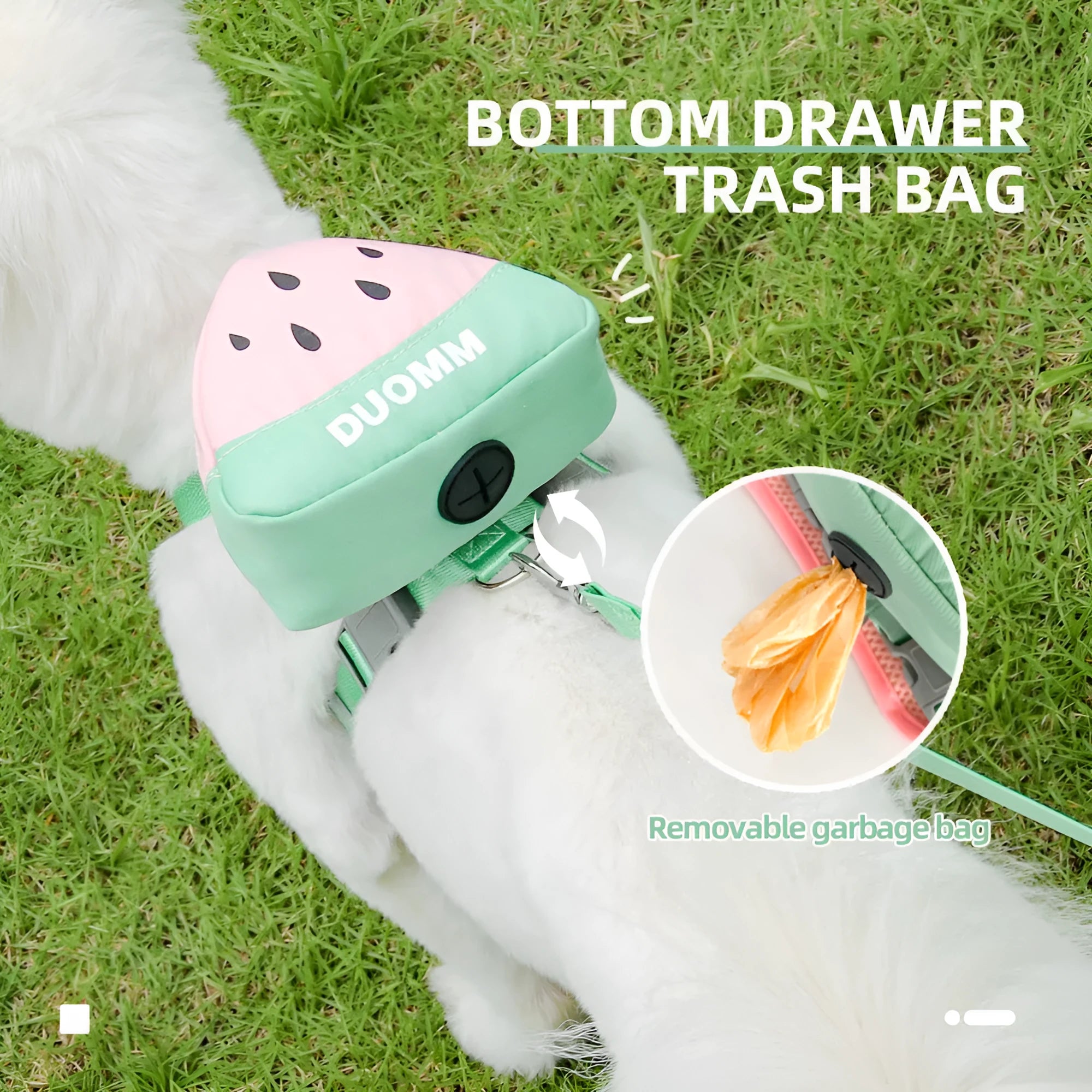 Green anti-slip pet chest strap and backpack set for a dog with a traction rope.