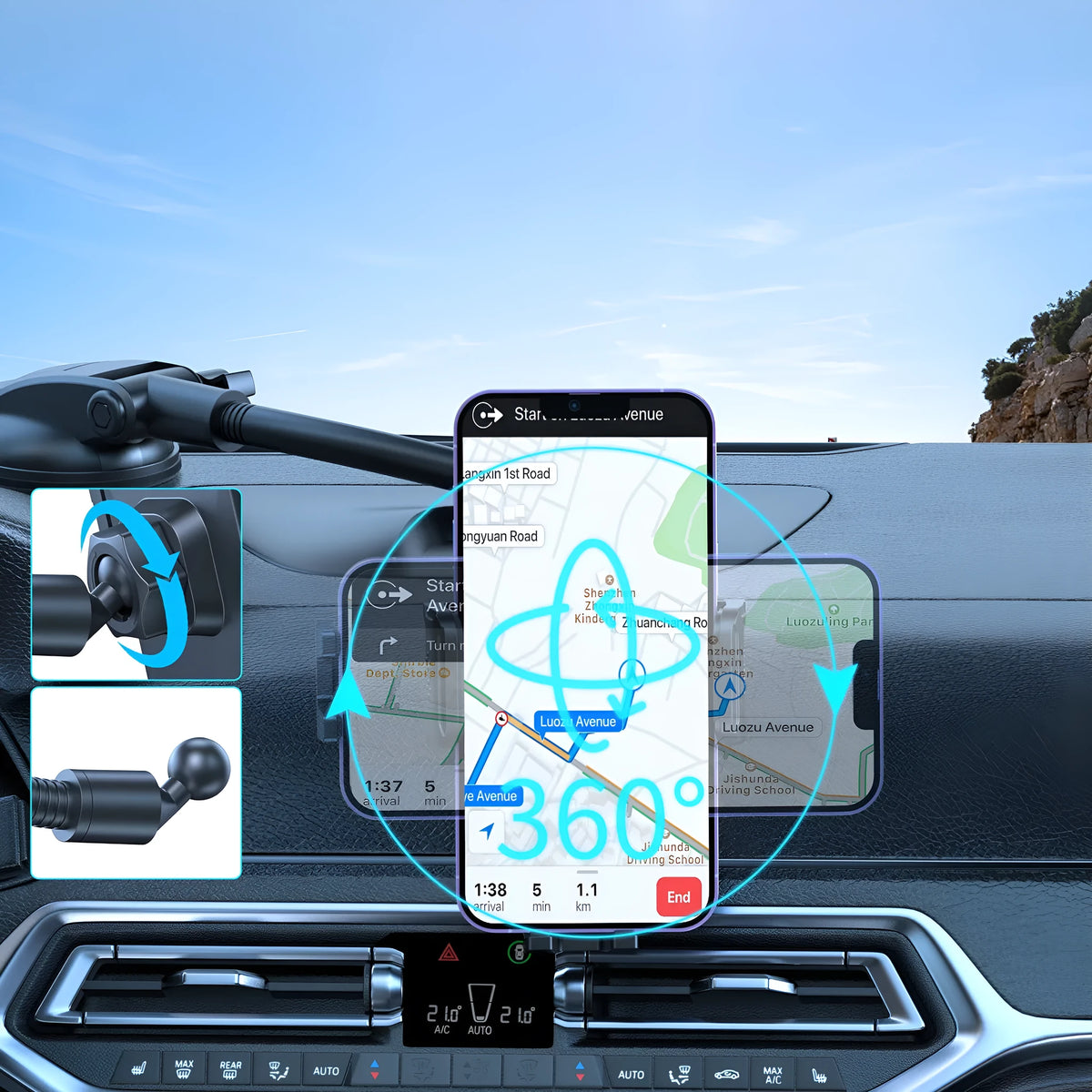 Car phone holder clipped onto a vehicle air conditioning vent, available in black, carbon fibre black, or grey plastic