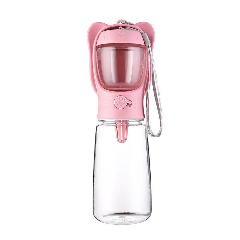 2-in-1 portable dog water bottle with food container, leak-proof, 350ml, green, on hiking trail