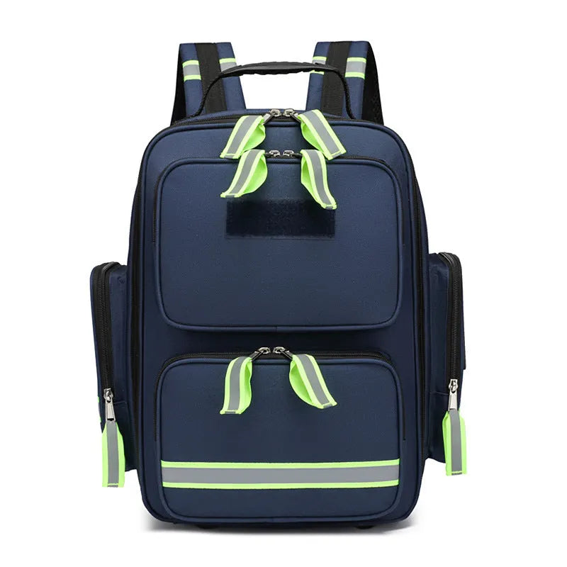 Large capacity empty first aid kit backpack in orange, made from waterproof Oxford cloth with reflective strips and multi-layer storage