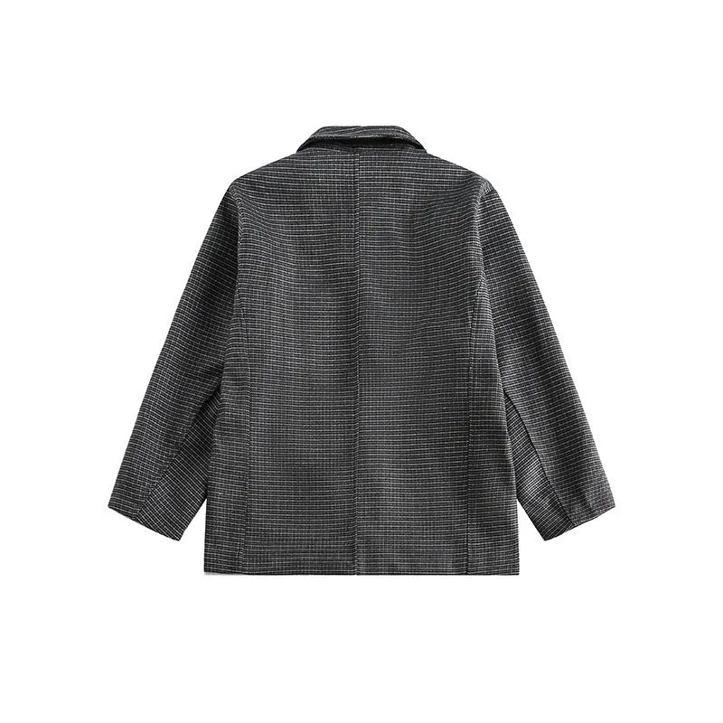 Men's casual loose plaid suit jacket in gray, front view, with polyester fabric and button closure.
