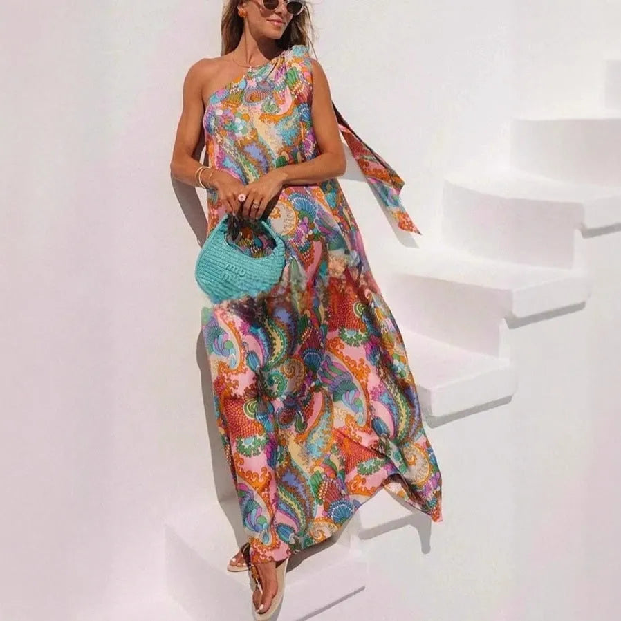 Women's sleeveless one-shoulder satin vest dress with cashew nut print and splicing detail, sizes S M L