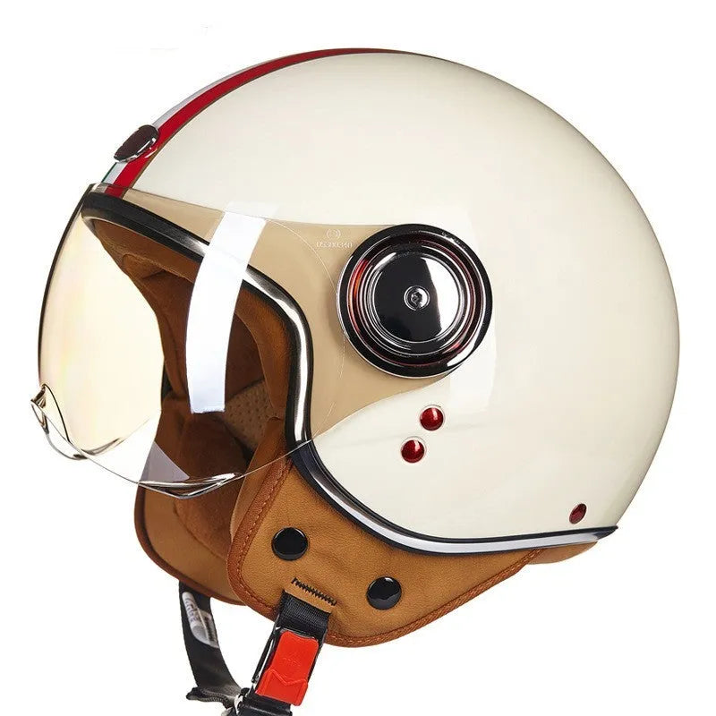 Retro battery car half helmet in ABS plastic showing colour options including bright blue red and matte black orange