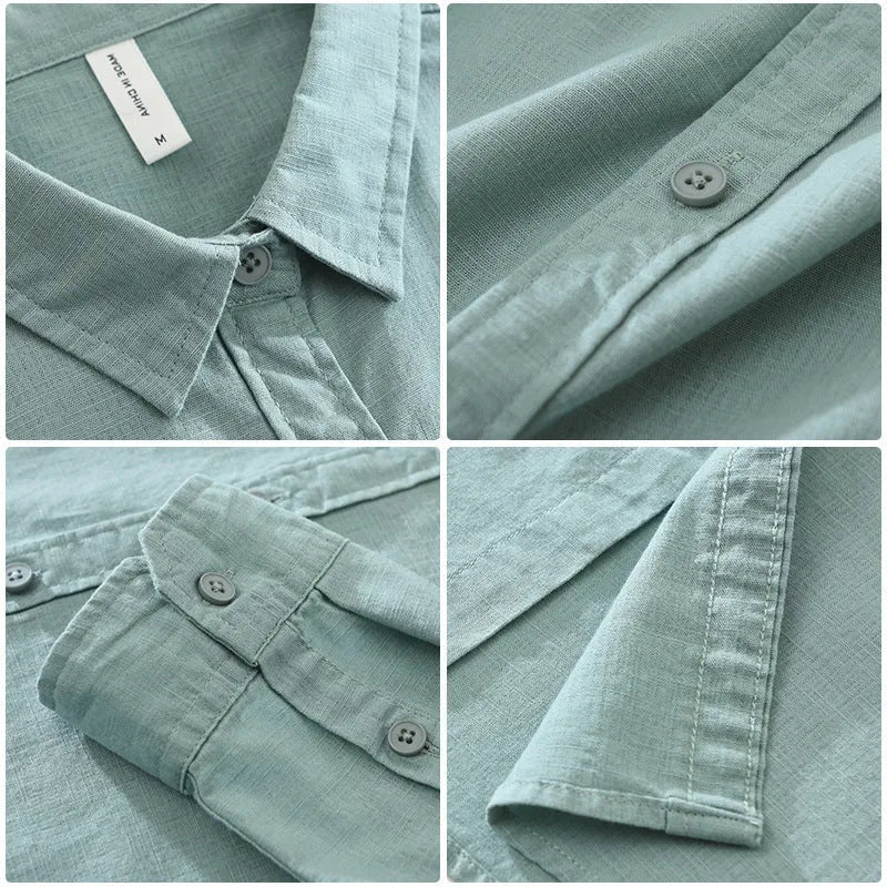 Men's Japanese cotton linen long sleeve loose cardigan blouse in light green