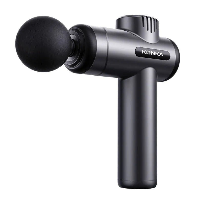 Konka V19 grey mini massage gun with set of 8 different coloured silicone and foam massage heads on a table.