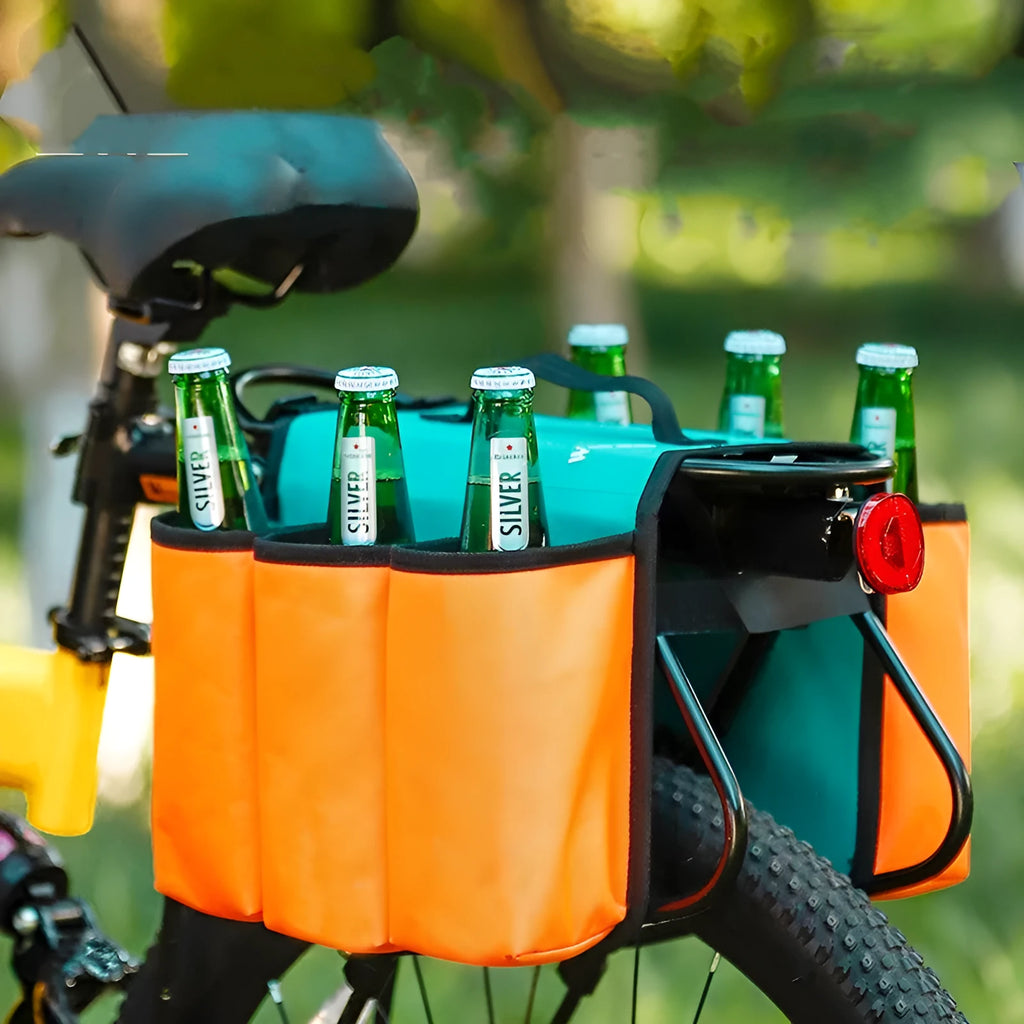 Black and blue orange double-sided bicycle drink shelf bag mounted on handlebars.