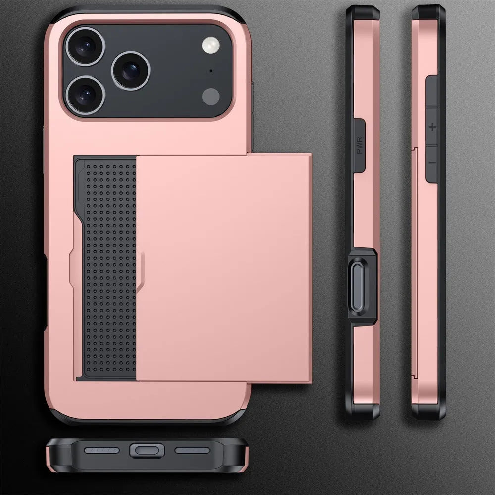 Sliding card case for Apple iPhone in various colours showing card insertion slot and shockproof design