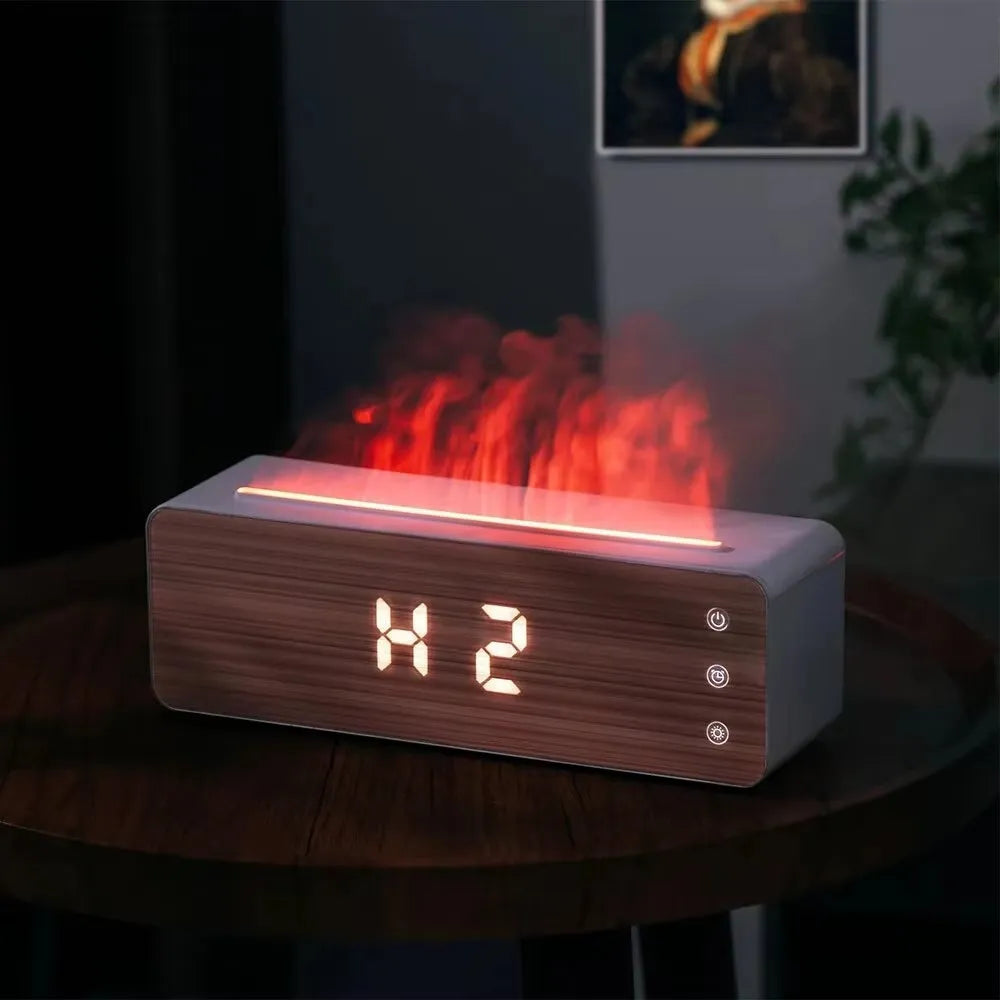White ABS flame humidifier with wood grain panel, clock and humidity display, 280 x 85 x 95 mm