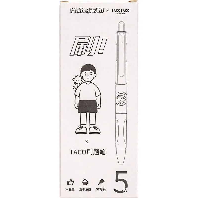 Five white plastic ballpoint pens with 0.5mm black ink tips arranged together.