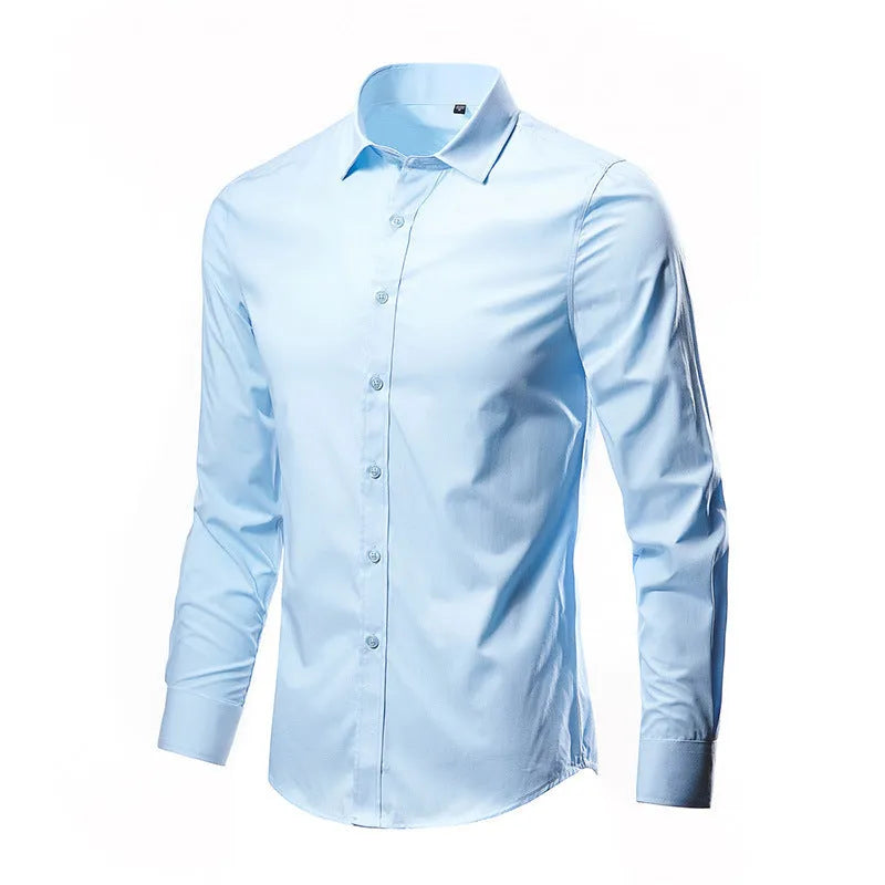 Man wearing a loose fit long sleeve linen shirt in a neutral colour, showing the casual style.