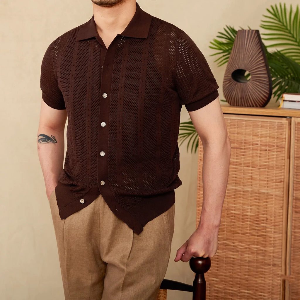 Men's short sleeve lapel cardigan in striped cotton knit, shown in creamy-white colour.