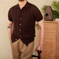 Men's short sleeve lapel cardigan in striped cotton knit, shown in creamy-white colour.