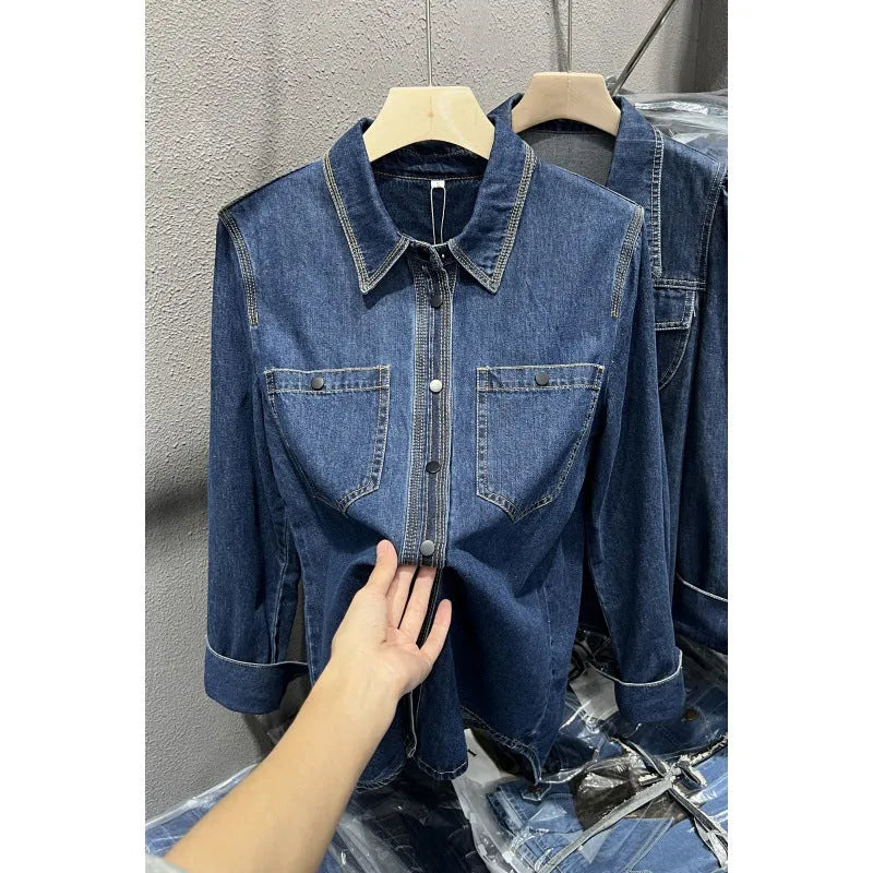 Layered retro denim top for women, long sleeves, polyester, available in sizes S to 2XL