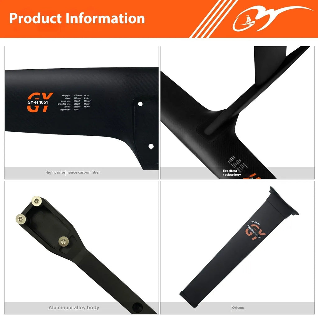 Black carbon fibre racing surfboard hydrofoil with 1051mm front wing for unpowered surfing