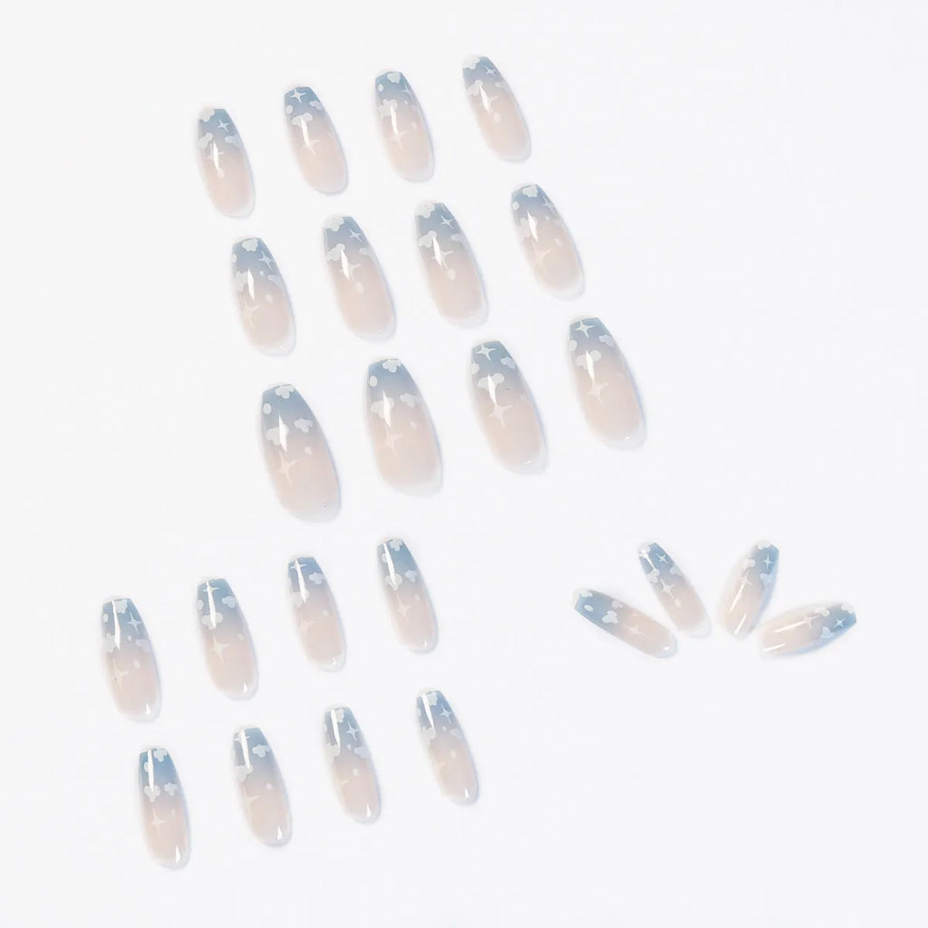24-piece set of pre-finished plastic false nails in blue, purple, pink, and blue plus pink colours
