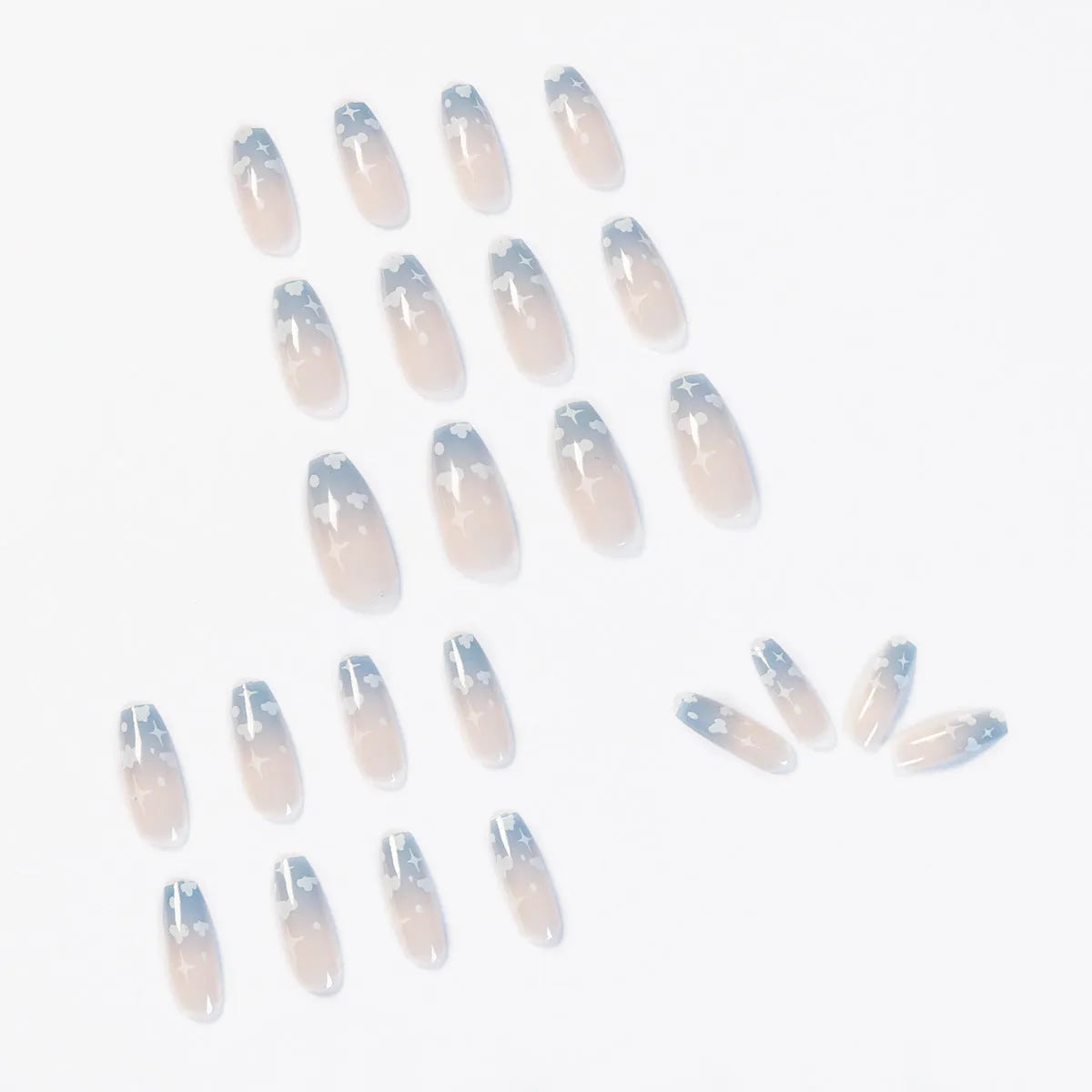24-piece set of pre-finished plastic false nails in blue, purple, pink, and blue plus pink colours