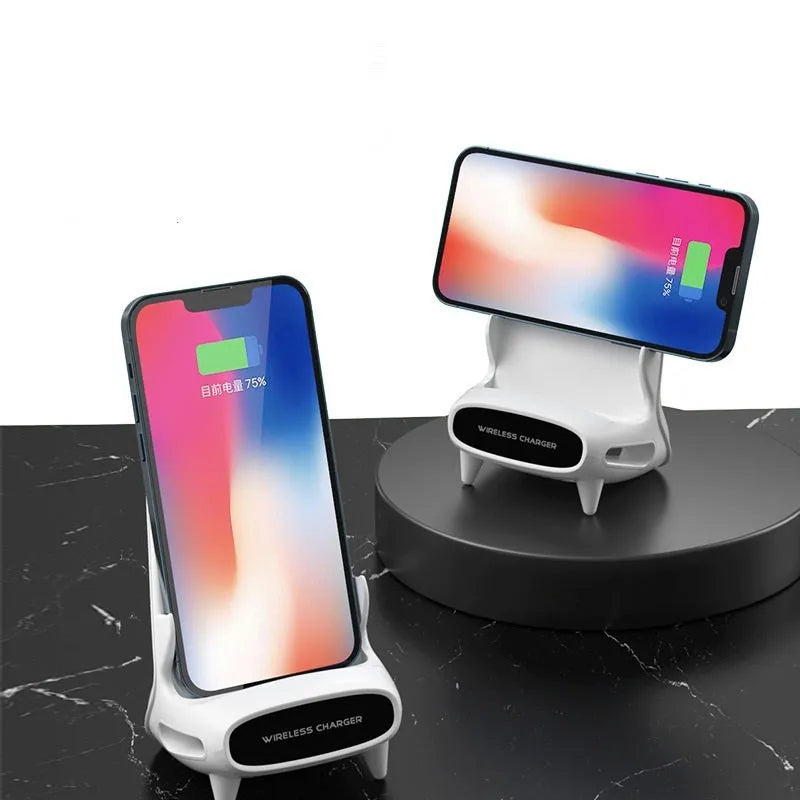 White vertical wireless charging stand for phones with Type-C input on a desk