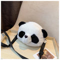 Soft plush panda head design crossbody bag in cylindrical shape on a white background.