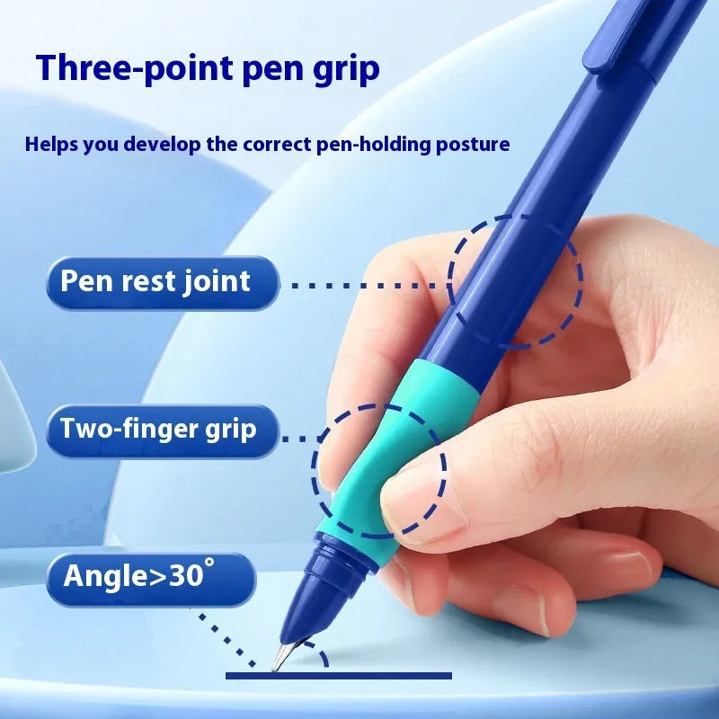 A student posture correction pen in a box, showing colour options: blue, blue-green, purple, and orange.