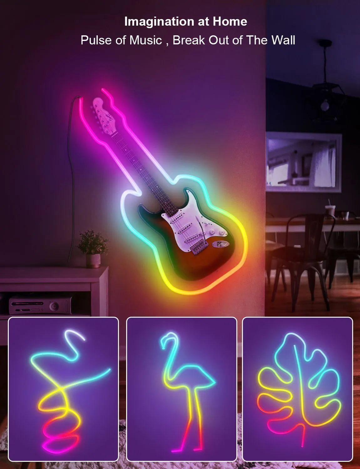 3 metre long USB RGB magic colour neon light strip with remote control on a white background.