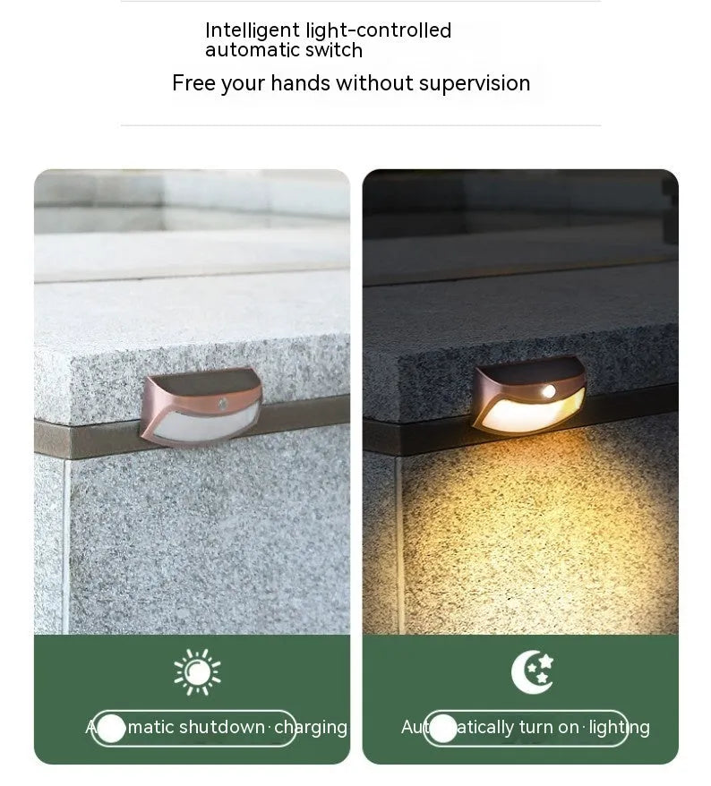 Solar-powered smiling face outdoor wall lamp with warm or white light options.