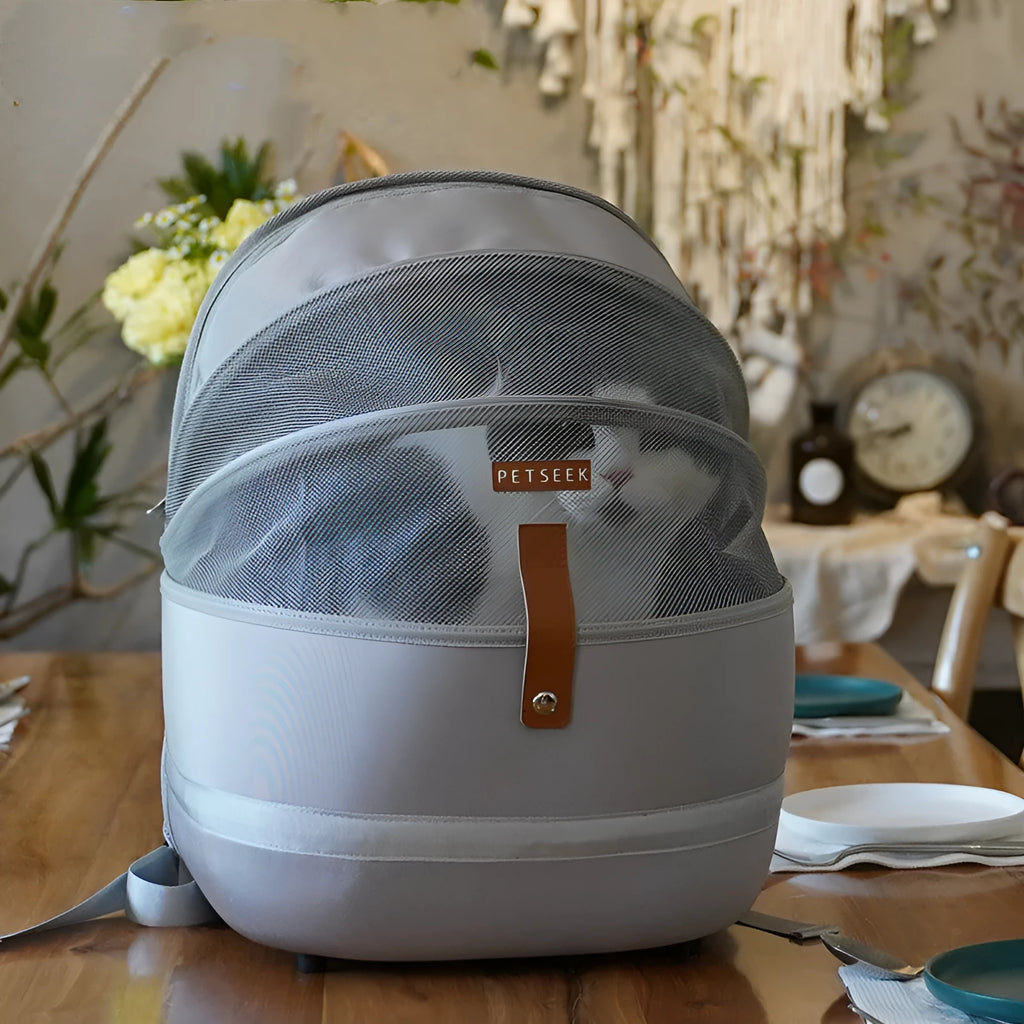 Cat carrier backpack in grey canvas with front opening for pets up to 15 kg