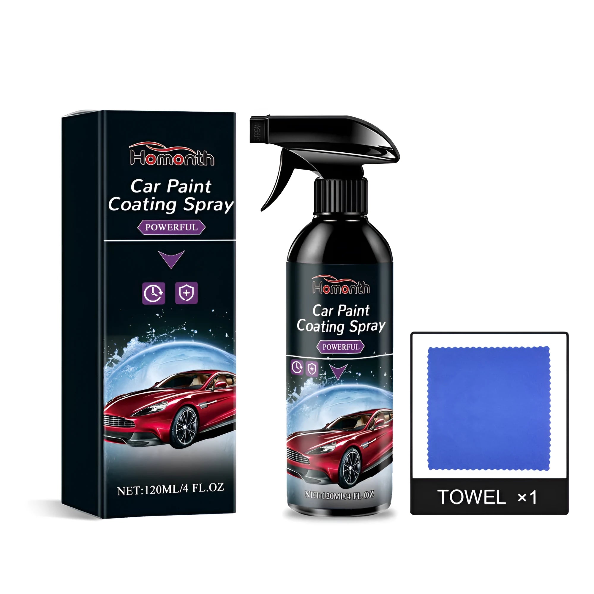 Bottle of car paint coating spray 120ml and white towel for car detailing application