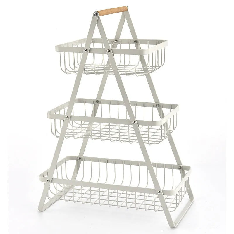 Black iron double-layer fruit basket with wooden handle, shown detached into two separate baskets