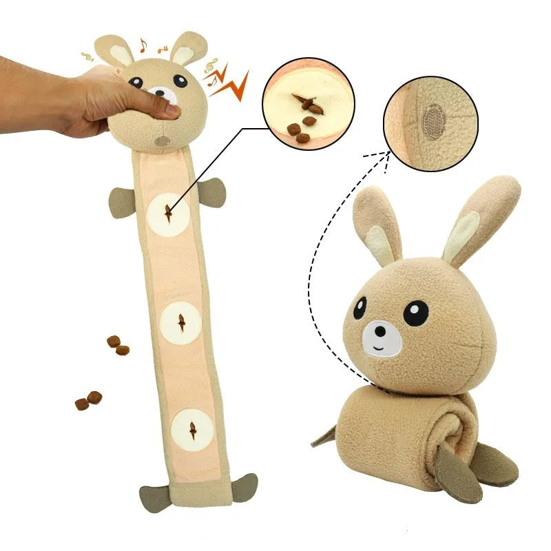 Poached bunny coloured plush dog training toy with food hiding compartments