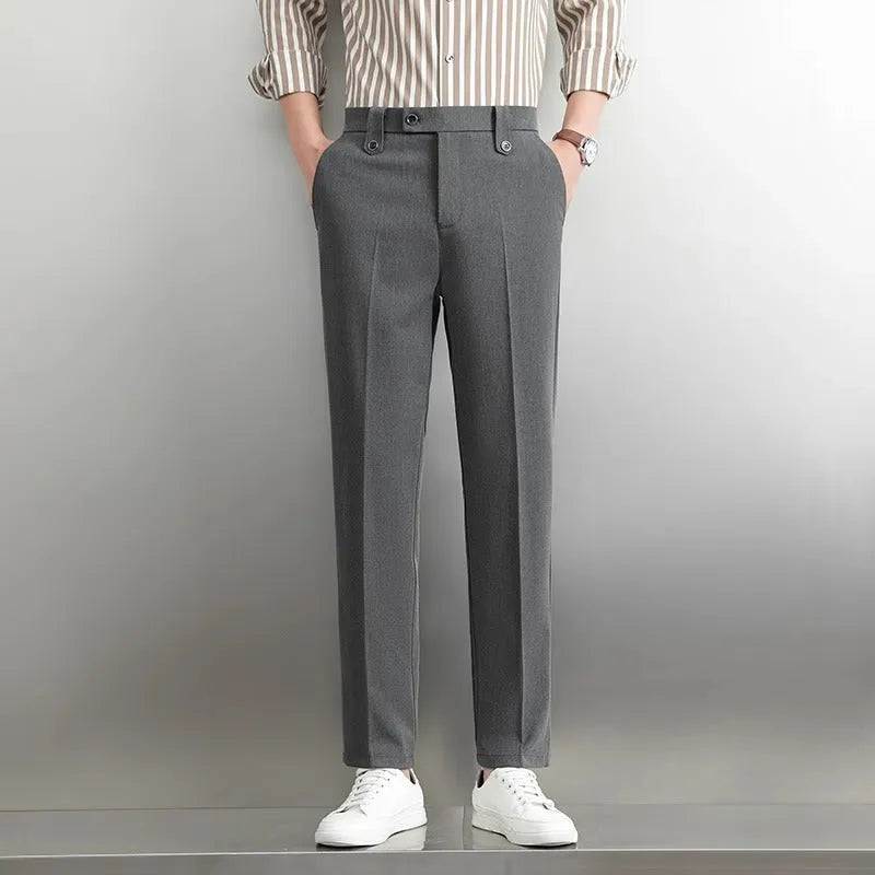 Men's loose straight business trousers in SF28 black elastic polyester fabric, front view