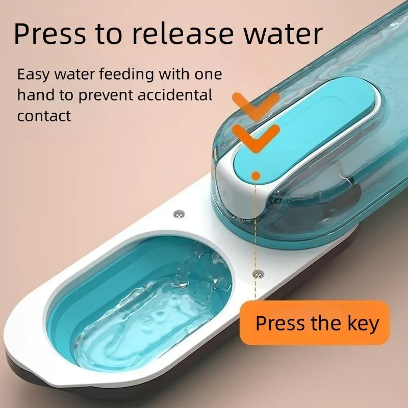 Blue portable dog water bottle with a foldable silicone drinking bowl deployed, for outdoor use.