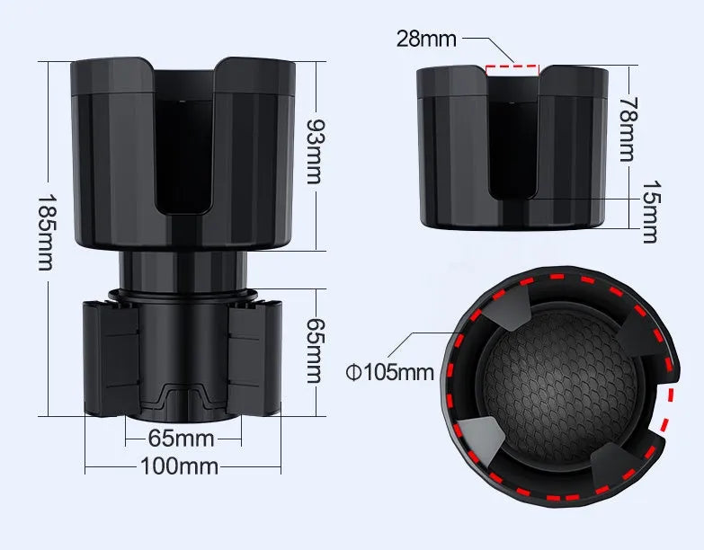 Matte black adjustable car cup holder expander for large bottles and cups on a car console.
