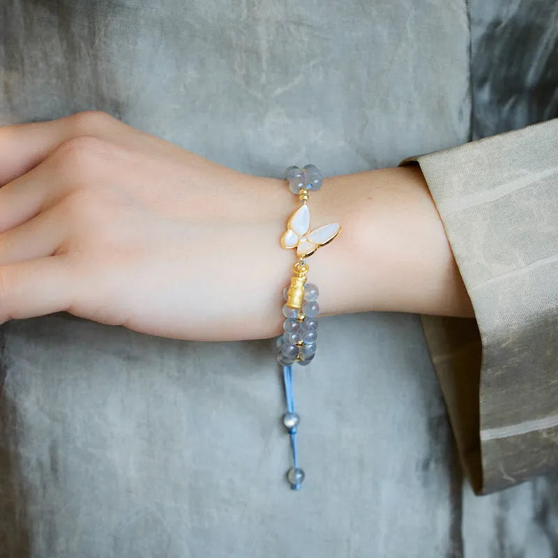 Grey moonstone butterfly charm woven bracelet for women with geometric retro styling