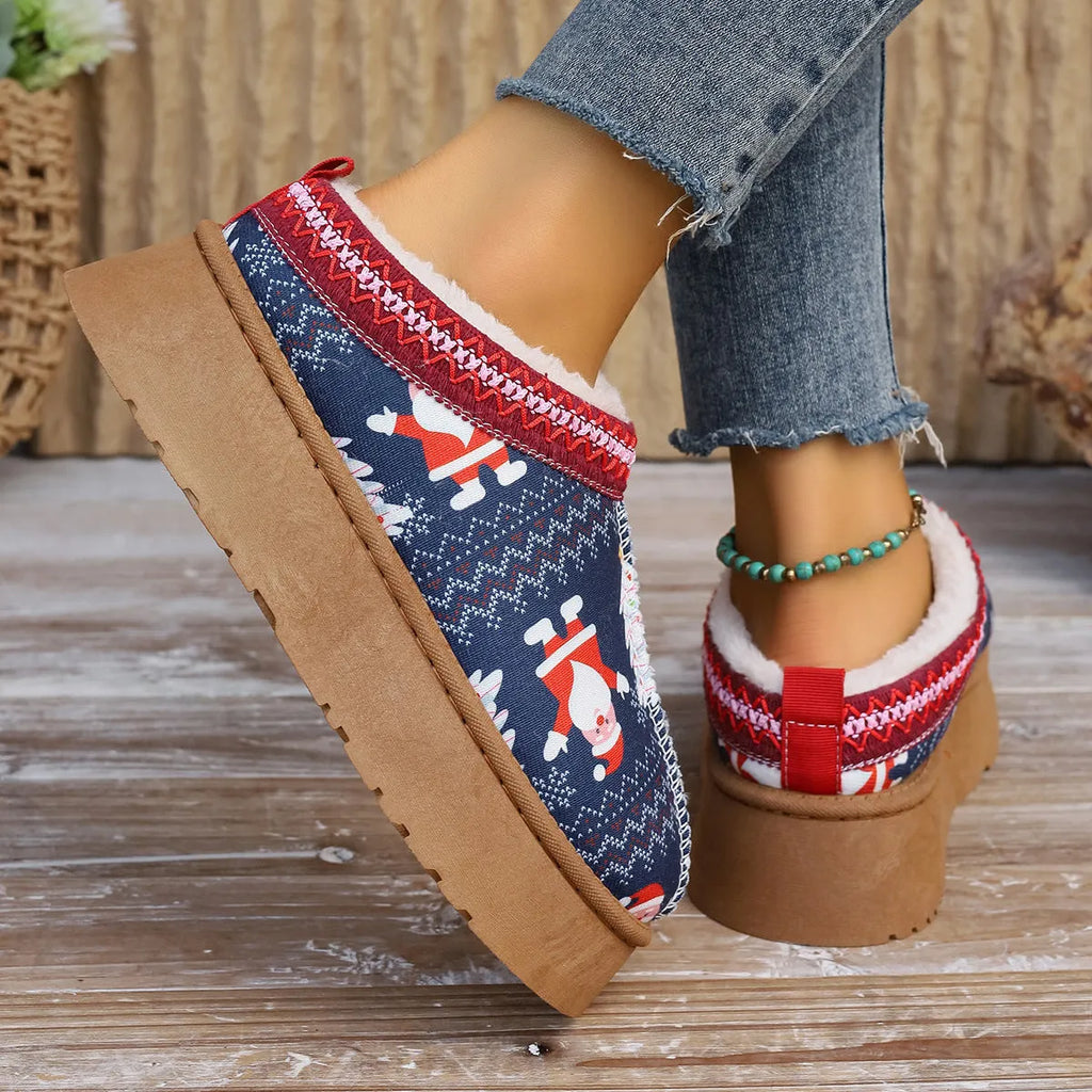 Women's cartoon Christmas print ankle boots with plush lining, round toe, flat heel, available in Santa Claus print
