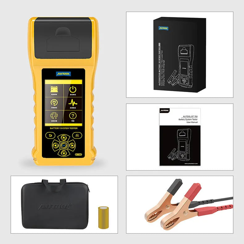 Autool BT760 vehicle battery tester with colour screen, connection clips, and thermal printer.