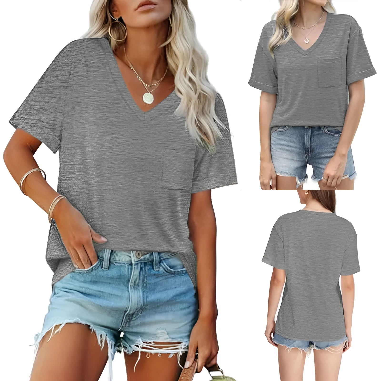 Grey loose-fit V-neck short sleeve t-shirt with a chest pocket on a solid background.