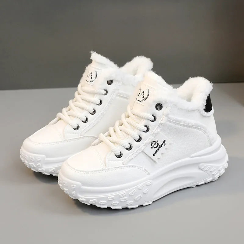 White low-top women's platform snow boots with sequins, artificial PU upper, rubber sole
