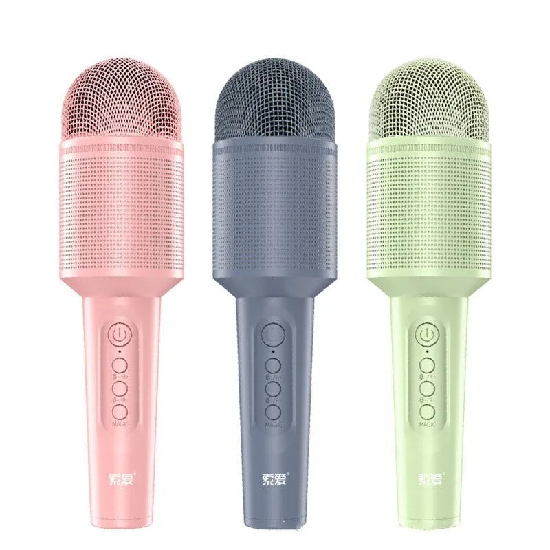 Wireless Bluetooth karaoke microphone with integrated speaker in blue, pink, or green colour options.