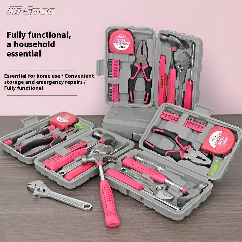 Multifunctional household maintenance toolbox set with carbon steel tools in pink or yellow for home decoration and property maintenance