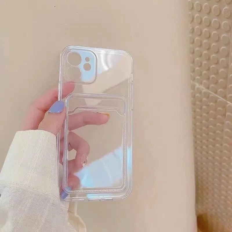 Transparent PVC phone case for iPhone with a built-in slot for credit cards.