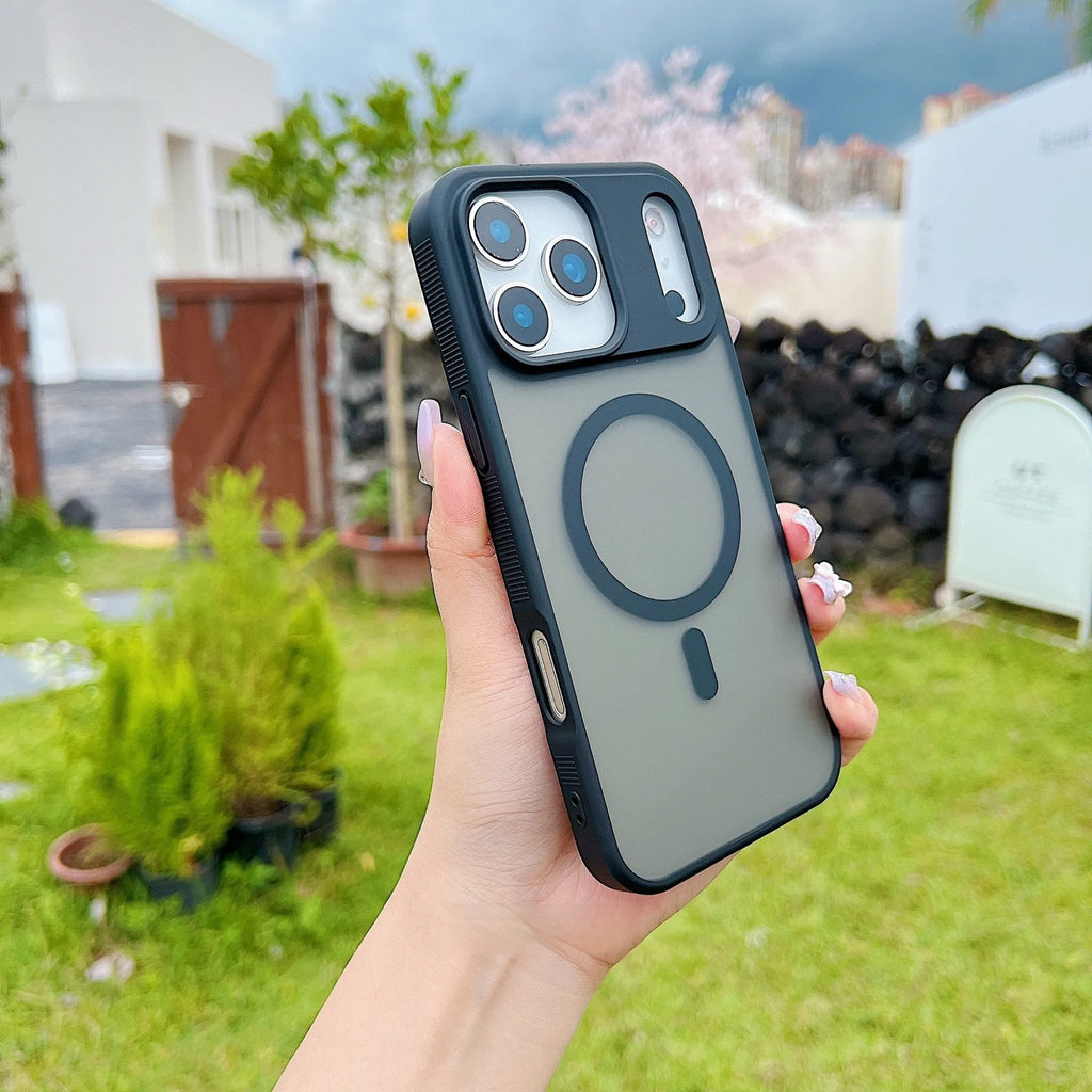 Magnetic matte frosted iPhone case in black colour showing front and back view.