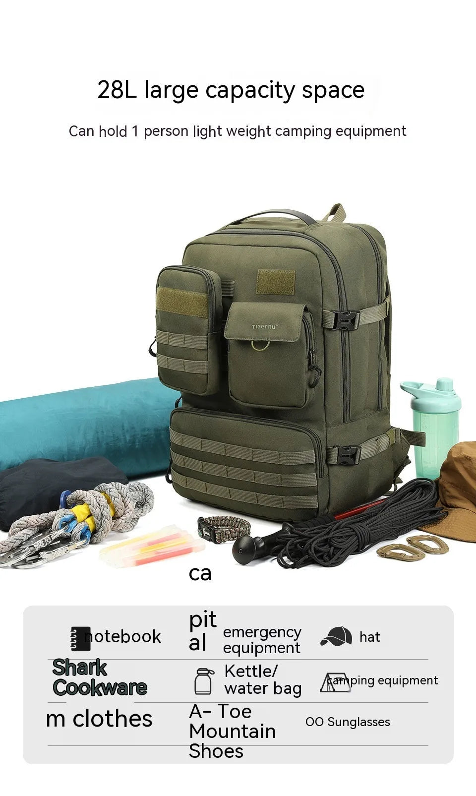 Army green tactical backpack with waterproof nylon construction showing 17-inch size and organisational compartments