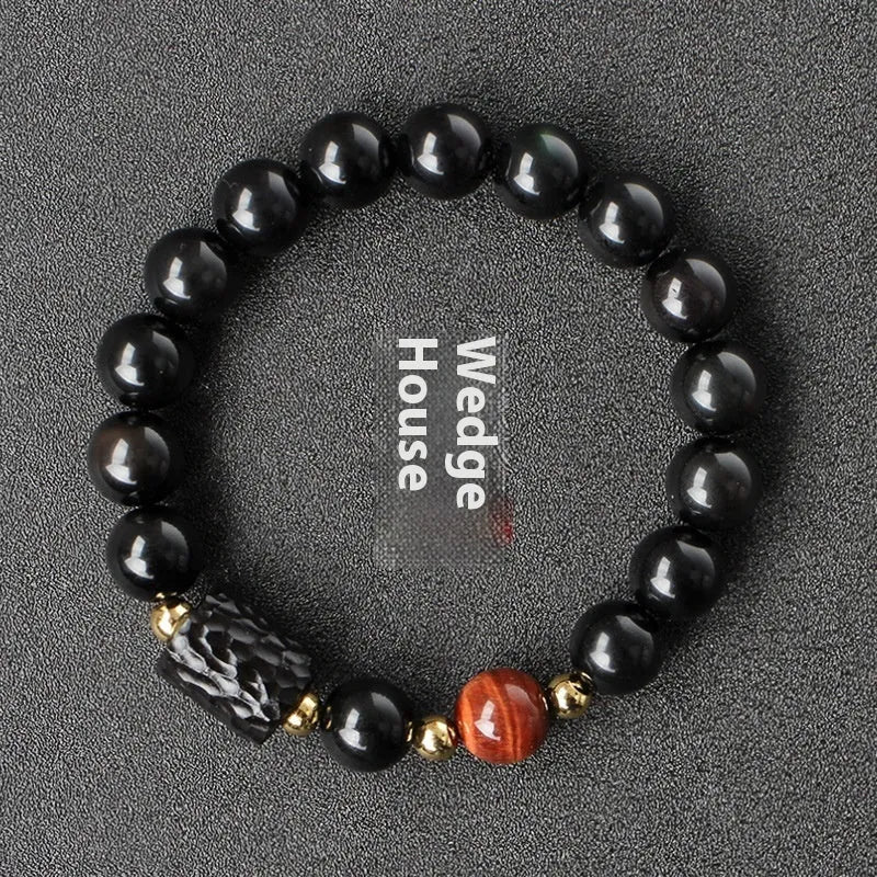 Obsidian bracelet with 10mm yellow tiger eye beads for men and women