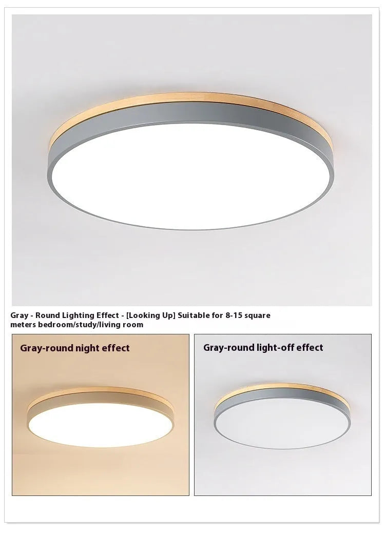 Round solid wood LED ceiling lamp with Nordic design in grey finish
