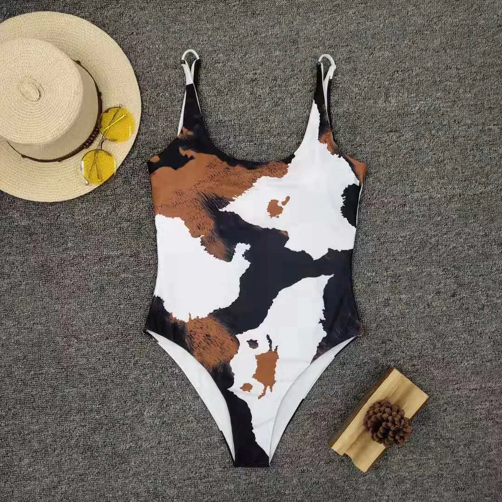 Women's white printed polyester split bikini set with briefs bottoms
