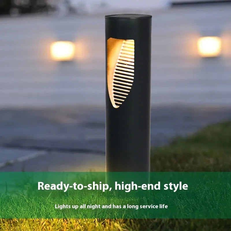 Black geometric abstract art solar garden light for outdoor decorative use.