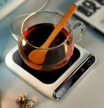 Black USB-powered cup warmer with heating coaster for beverages