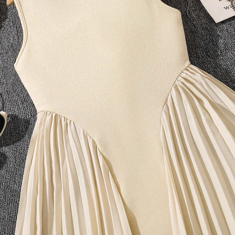 Girls' sleeveless stand collar pleated stitching A-line formal dress in solid colour